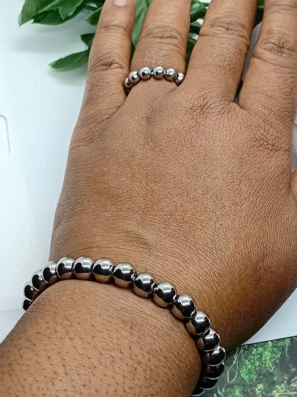 304 Stainless Steel Stretch Bead Bracelet & Ring Set Adjustable Unisex